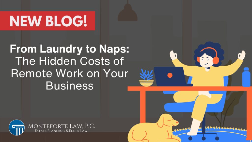 A cartoon image of a woman listening to music and meditating at her home office work desk with a dog laying in front of the desk