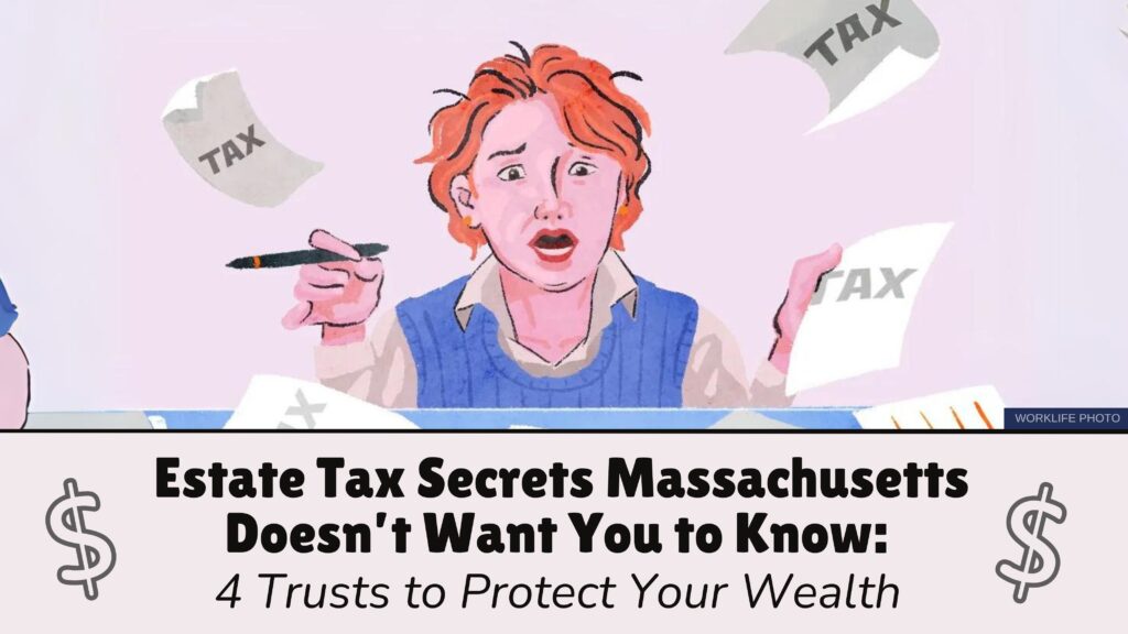 A stressed cartoon person holds up a pen as tax pages fly around