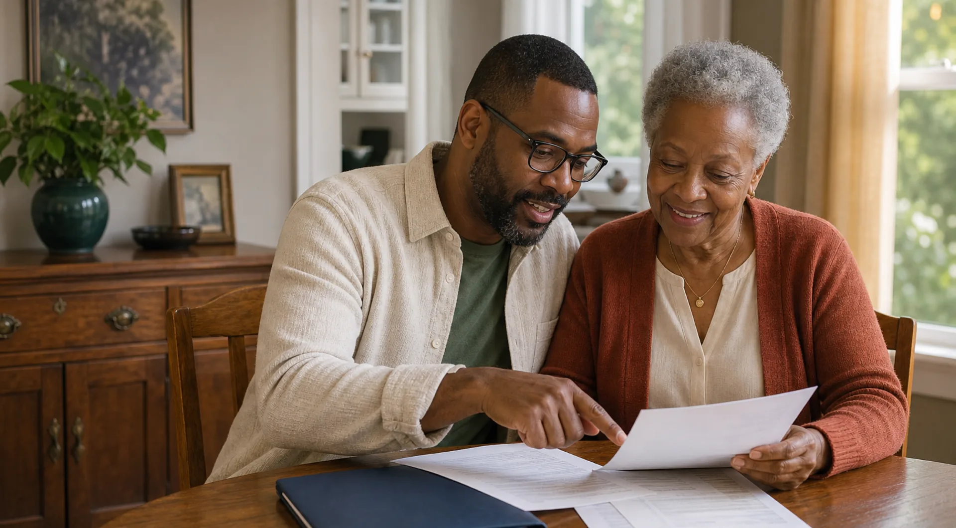 Adult son reviewing legal documents at home with his mother