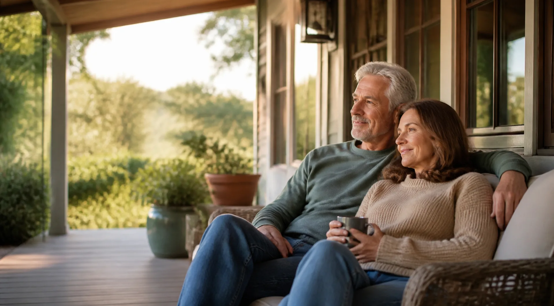 Couple in their sixties sitting together on their porch at home