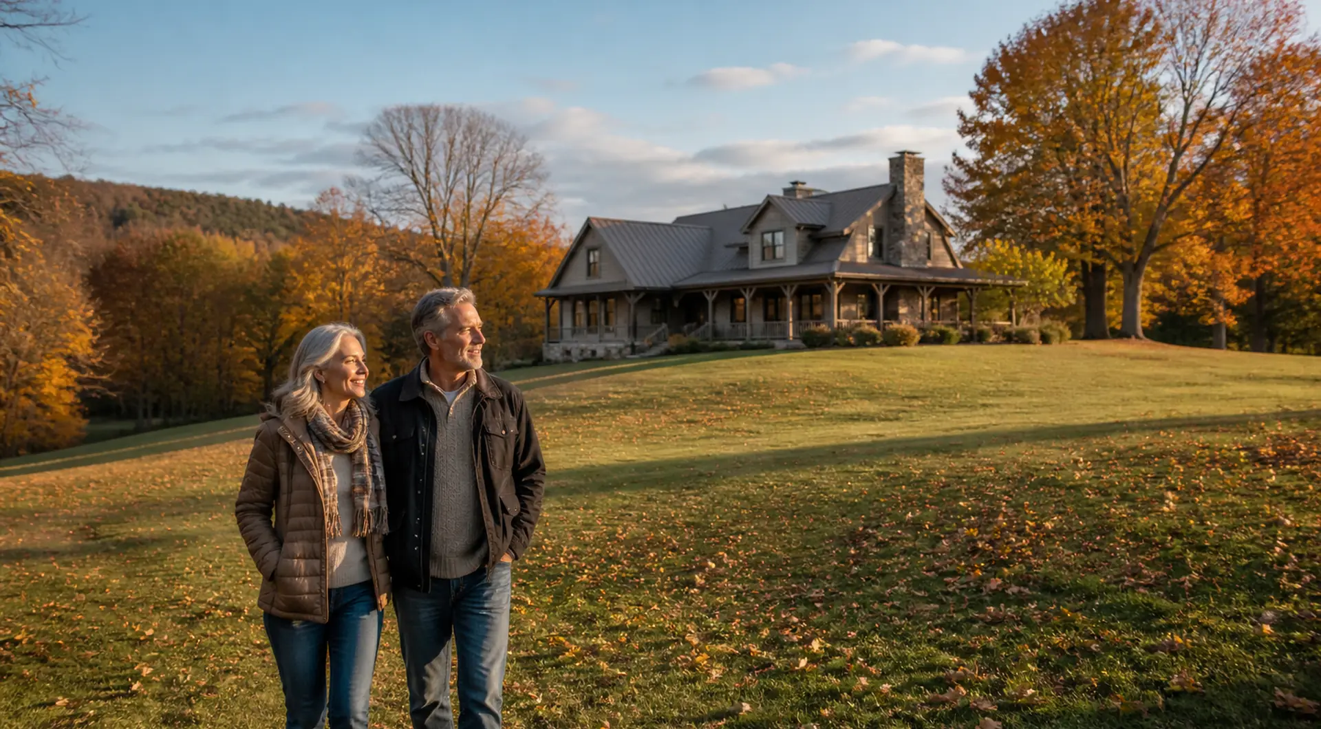 Couple walking on their land in front of a New Hampshire farmhouse in autumn