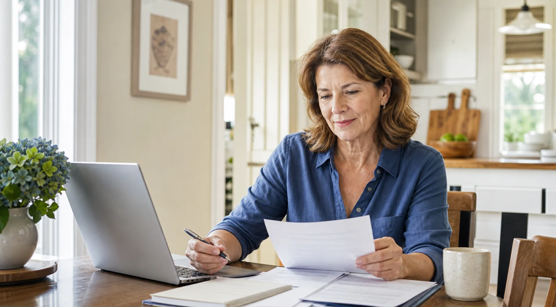Woman at her kitchen table reviewing trust documents with a laptop and notepad