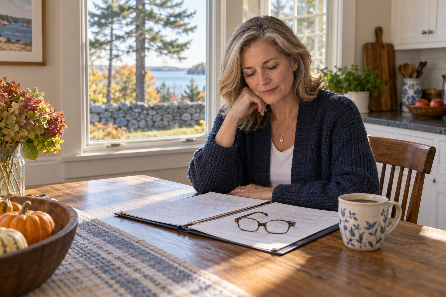 A woman reviewing estate paperwork at a kitchen table in southern New Hampshire.