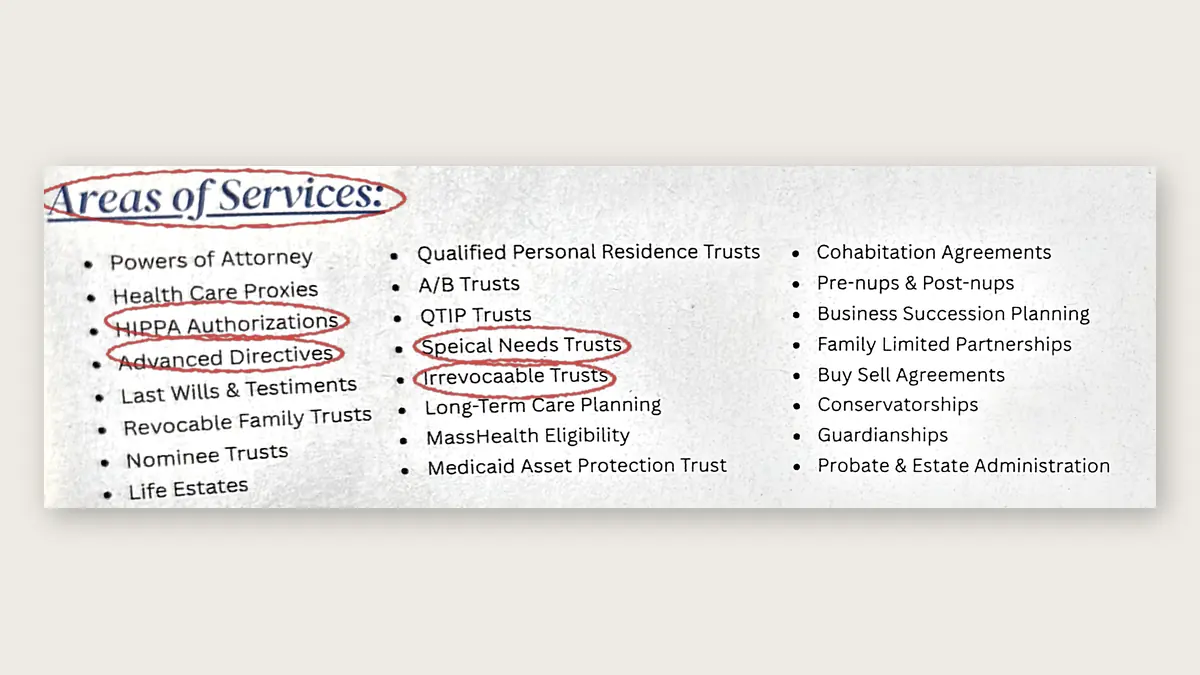 A law firm advertisement listing estate planning services, with five spelling and terminology errors circled in red pen.
