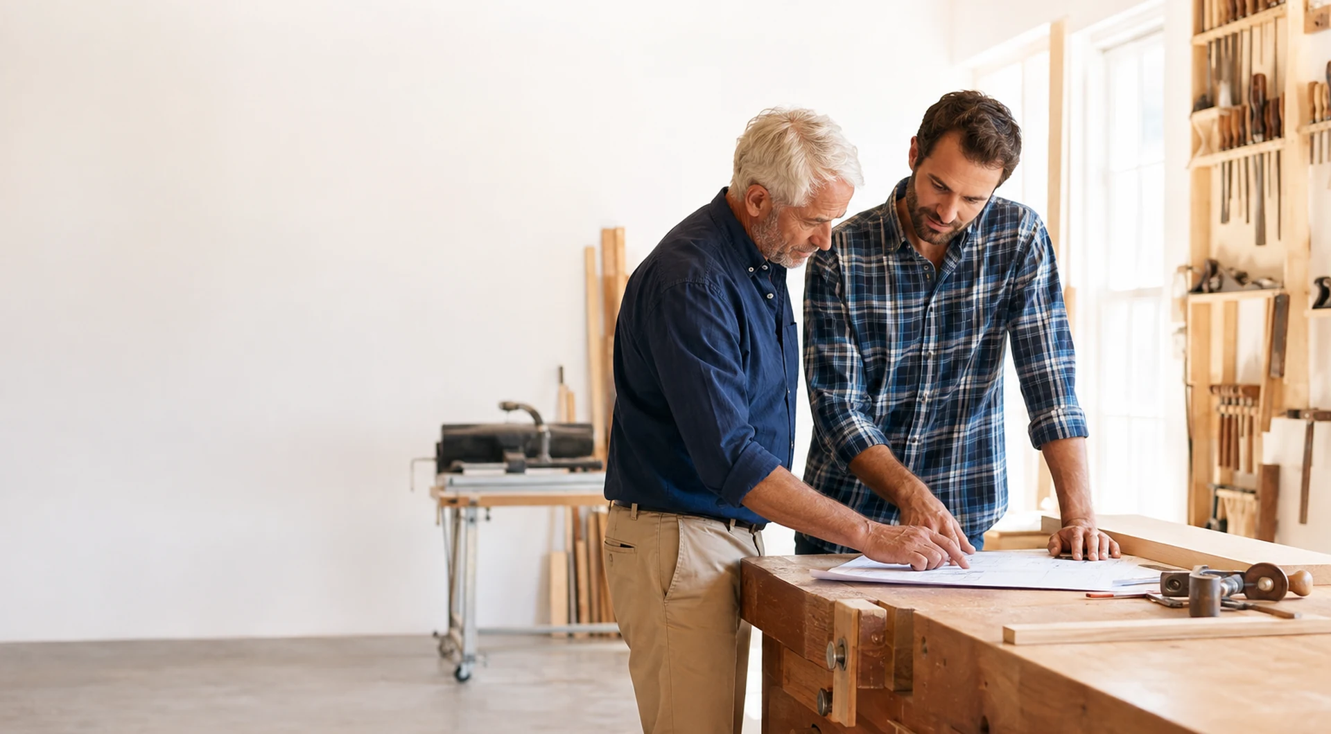 Business owner and his successor reviewing plans together at a workbench
