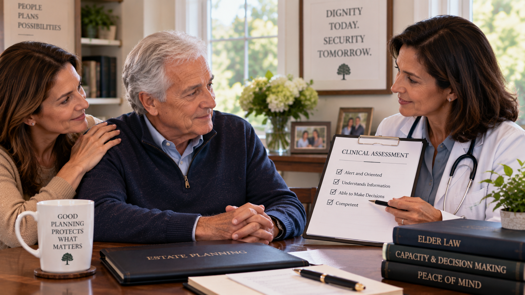 A clinician reviewing a capacity assessment with an older man and his daughter.