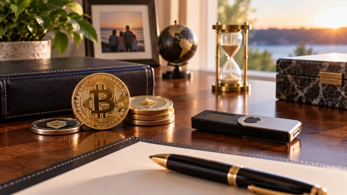 Bitcoin and Ethereum coins and a hardware wallet on a desk beside estate planning documents