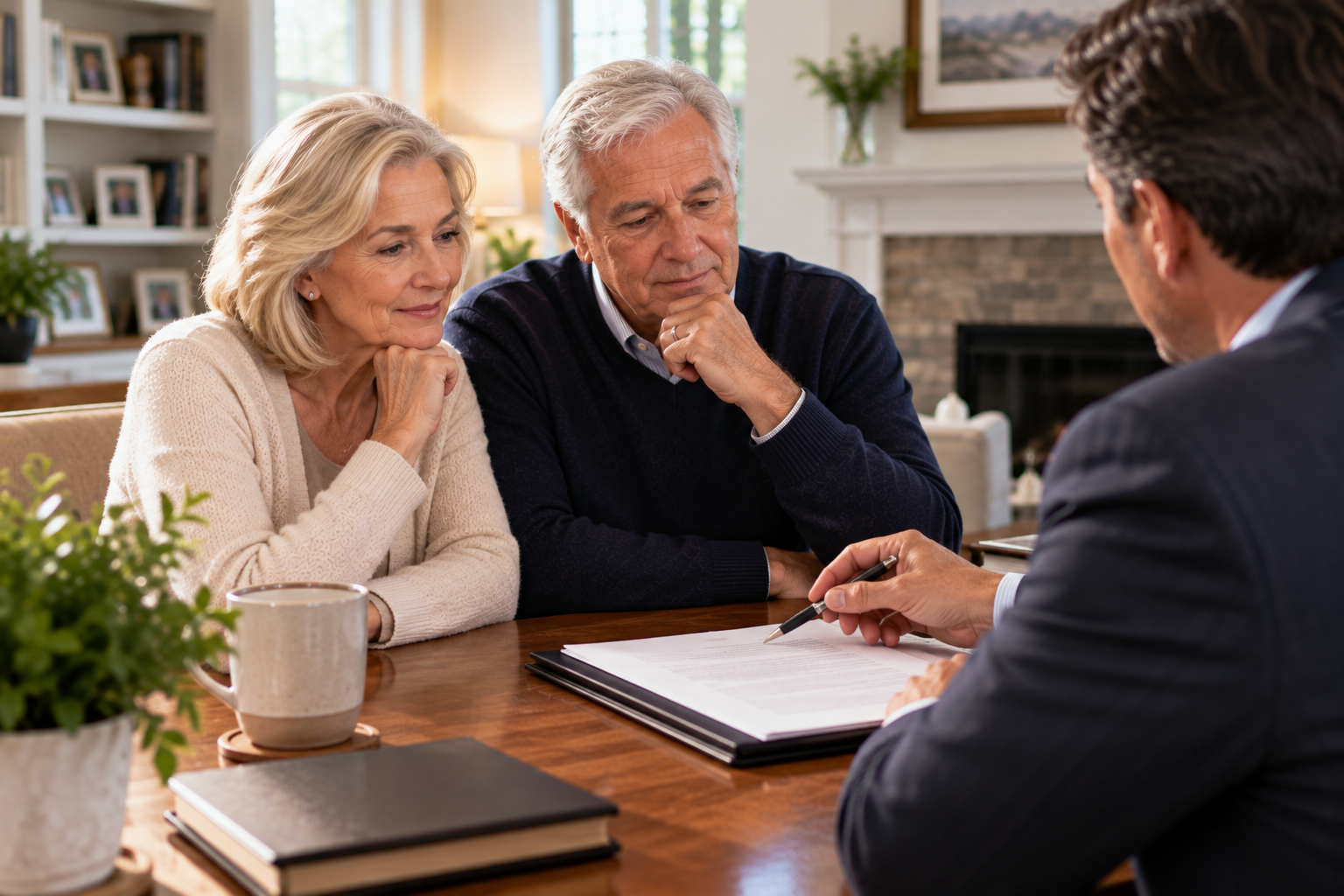 A Massachusetts attorney reviewing executor and trustee compensation with a couple at their kitchen table.
