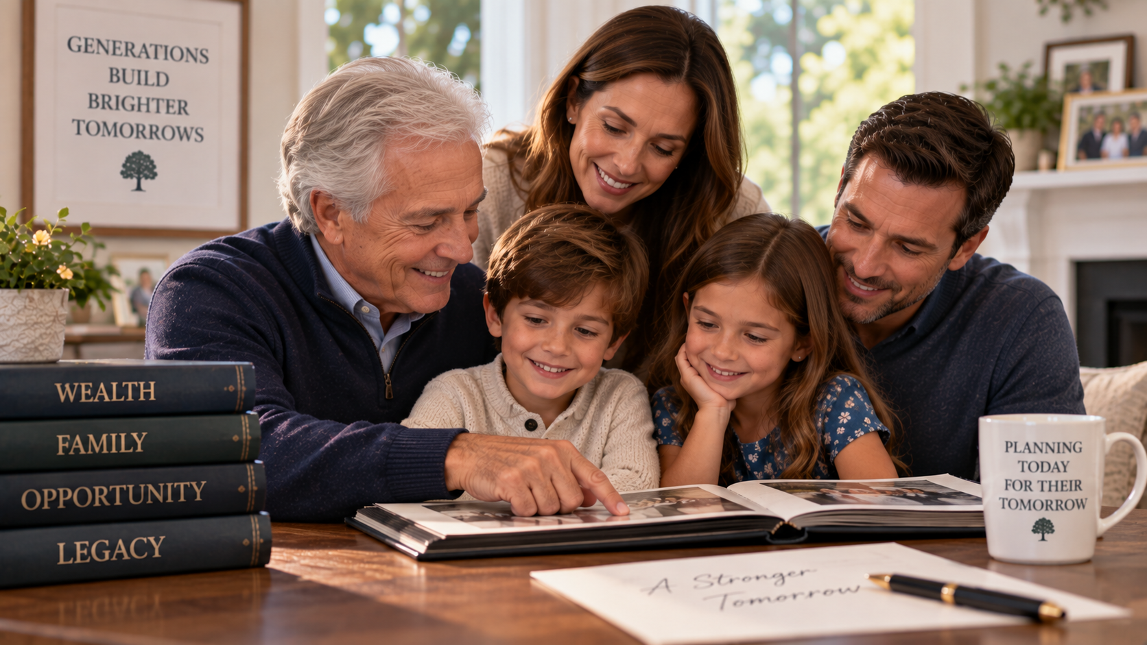 Three generations of a family looking through a photo album together.