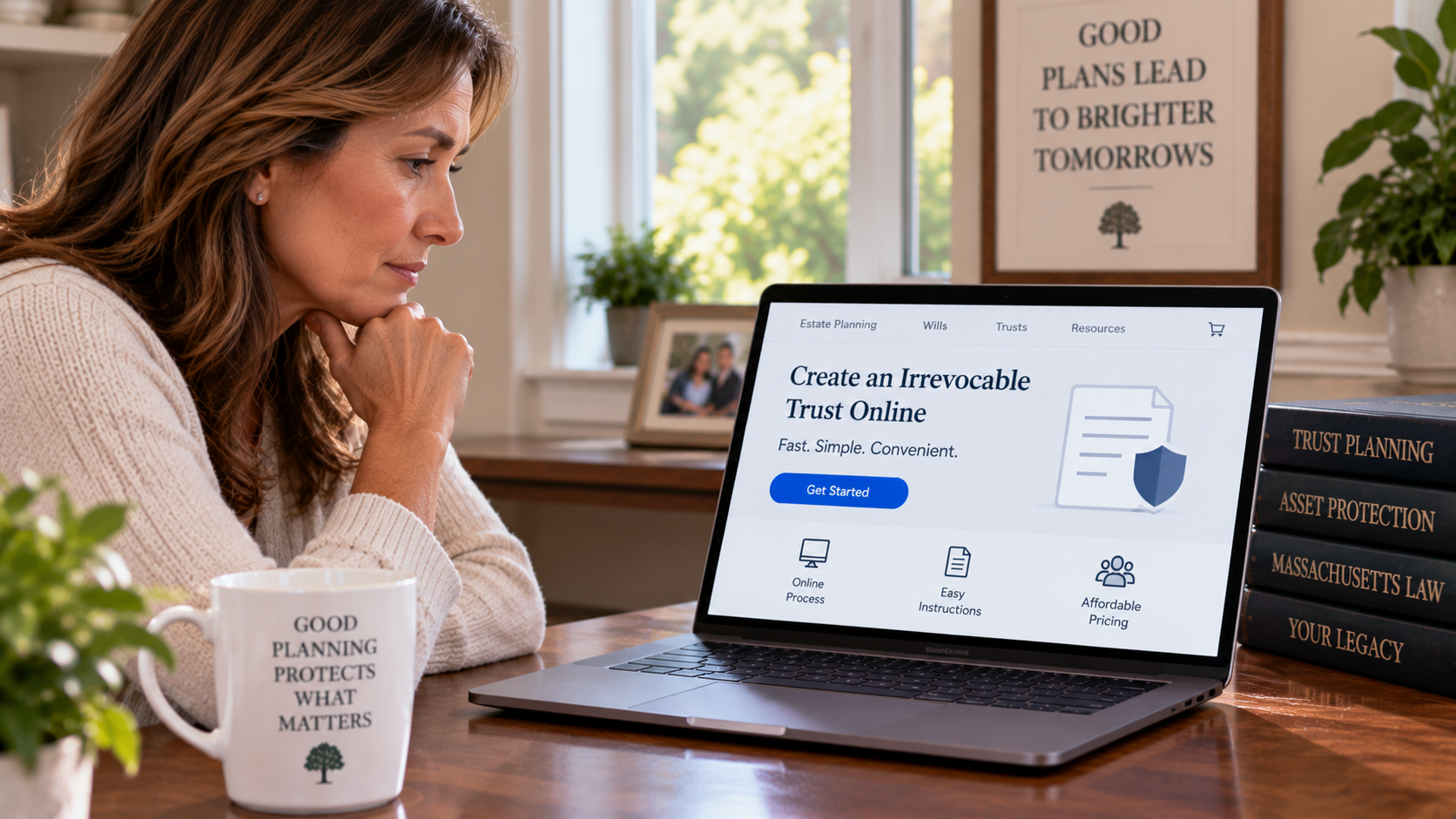 A woman reviewing an online service offering to create an irrevocable trust.