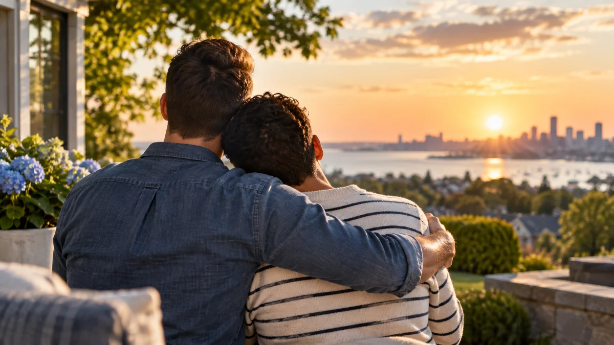 A couple sitting together on a porch at sunset overlooking the Massachusetts coast, illustrating estate planning that protects the family you have actually built
