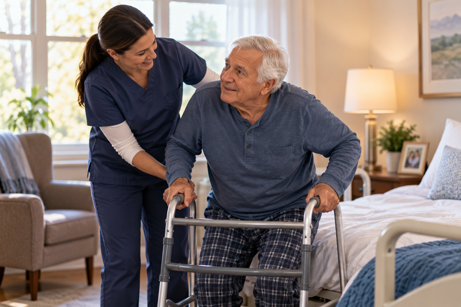 An aide helping an older man transfer from his bed to a walker, the kind of daily assistance a clinical eligibility review looks at.