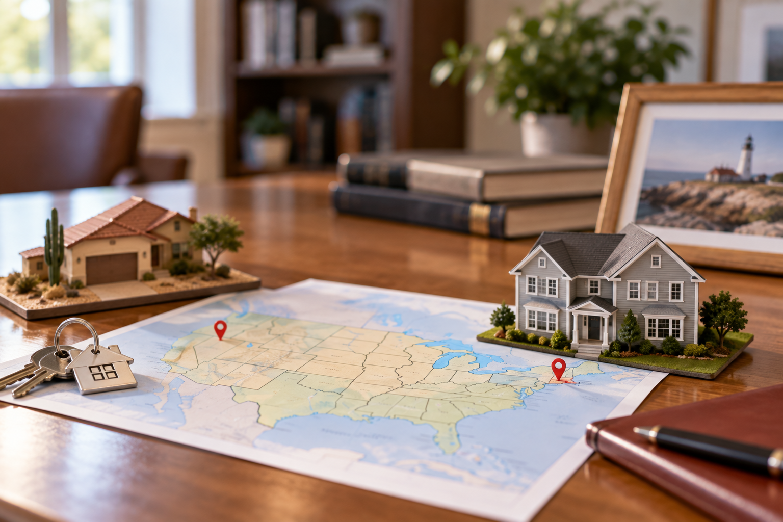 A map with two homes marked, illustrating a Massachusetts estate that includes out-of-state real estate.