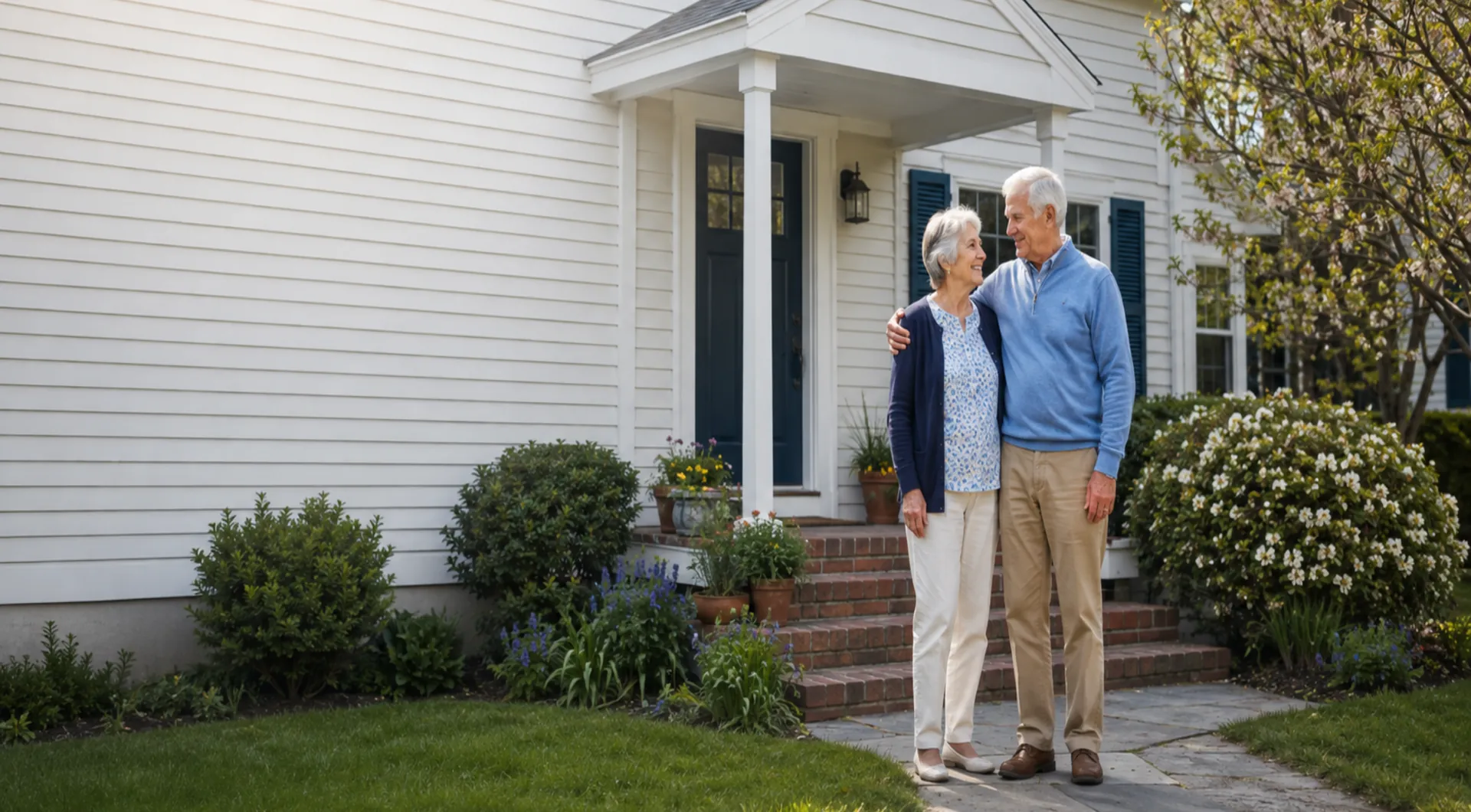 An older couple standing together in front of their Woburn, Massachusetts home